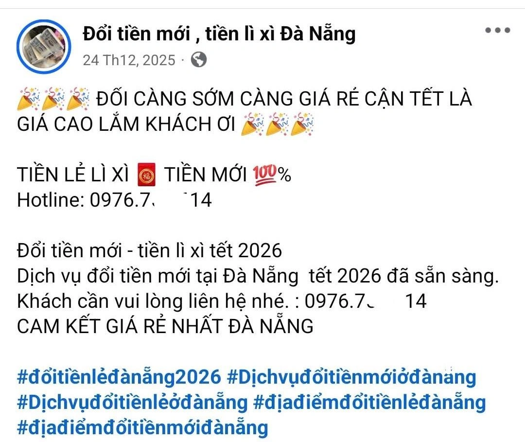 Một tài khoản Facebook đăng thông tin đổi tiền mới, tiền lẻ tại Đà Nẵng.