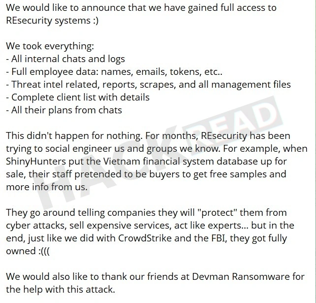 Thông báo của nhóm tin tặc về vụ tấn công. Ảnh The Hackread