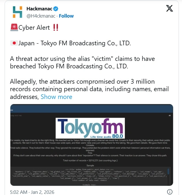 Cảnh báo tấn công mạng đài phát thanh Tokyo FM trên X. Ảnh Cyber Press