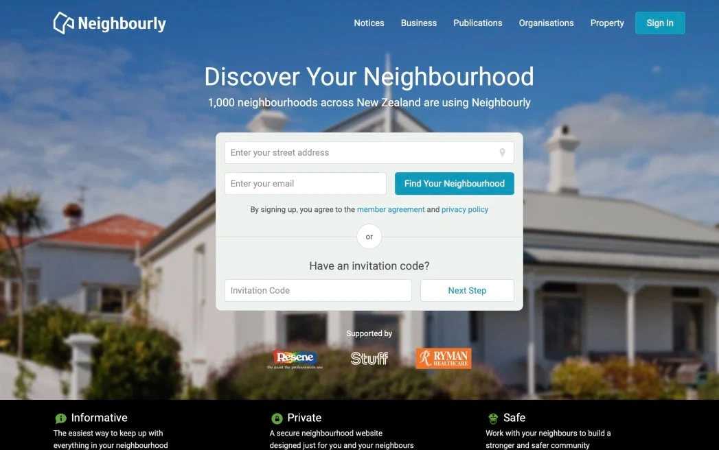 Trang web đăng nhập Neighbourly. Ảnh RNZ