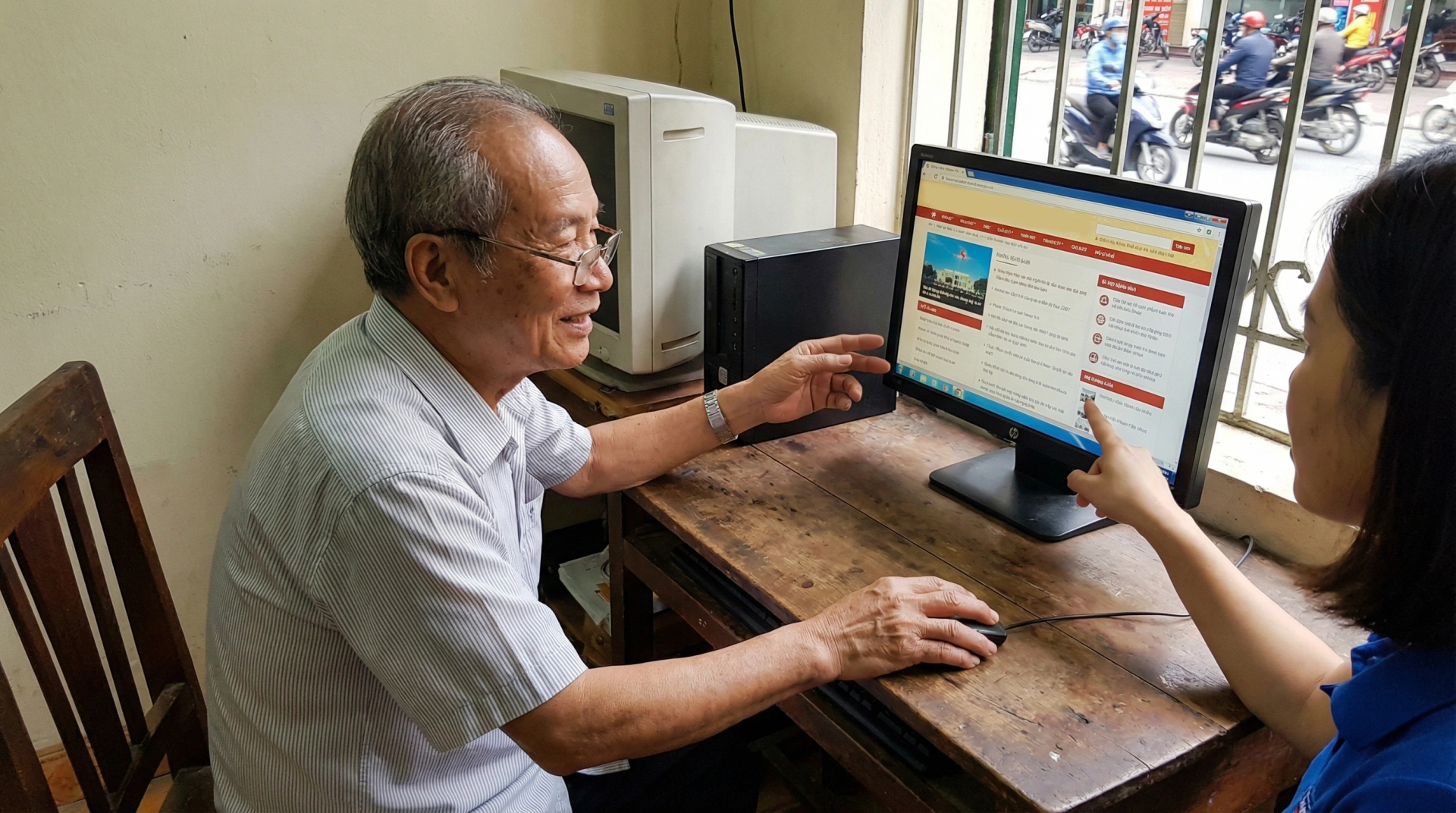 Người già gặp khó khăn khi sử dụng thiết bị công nghệ (ảnh minh họa do AI tạo ra)