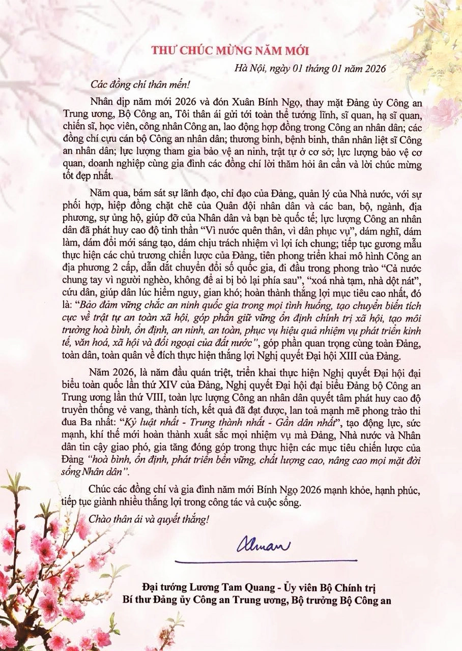 Thư chúc mừng năm mới của Bộ trưởng Lương Tam Quang