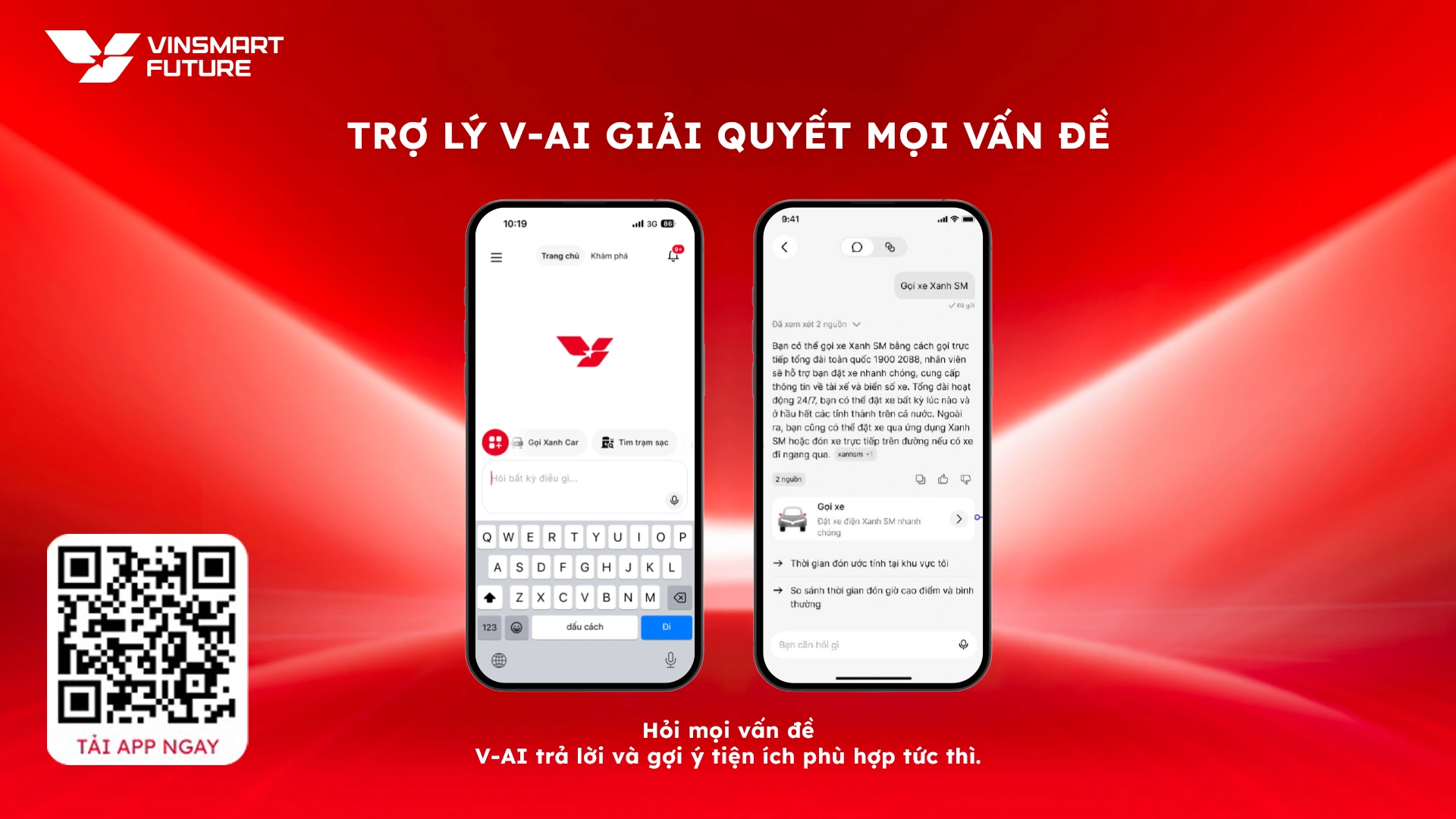 V-AI trên V-App cho phép hỏi nhanh mọi thông tin bằng chữ hoặc giọng nói, đồng thời gợi ý và dẫn thẳng đến tiện ích phù hợp chỉ trong một trải nghiệm liền mạch.