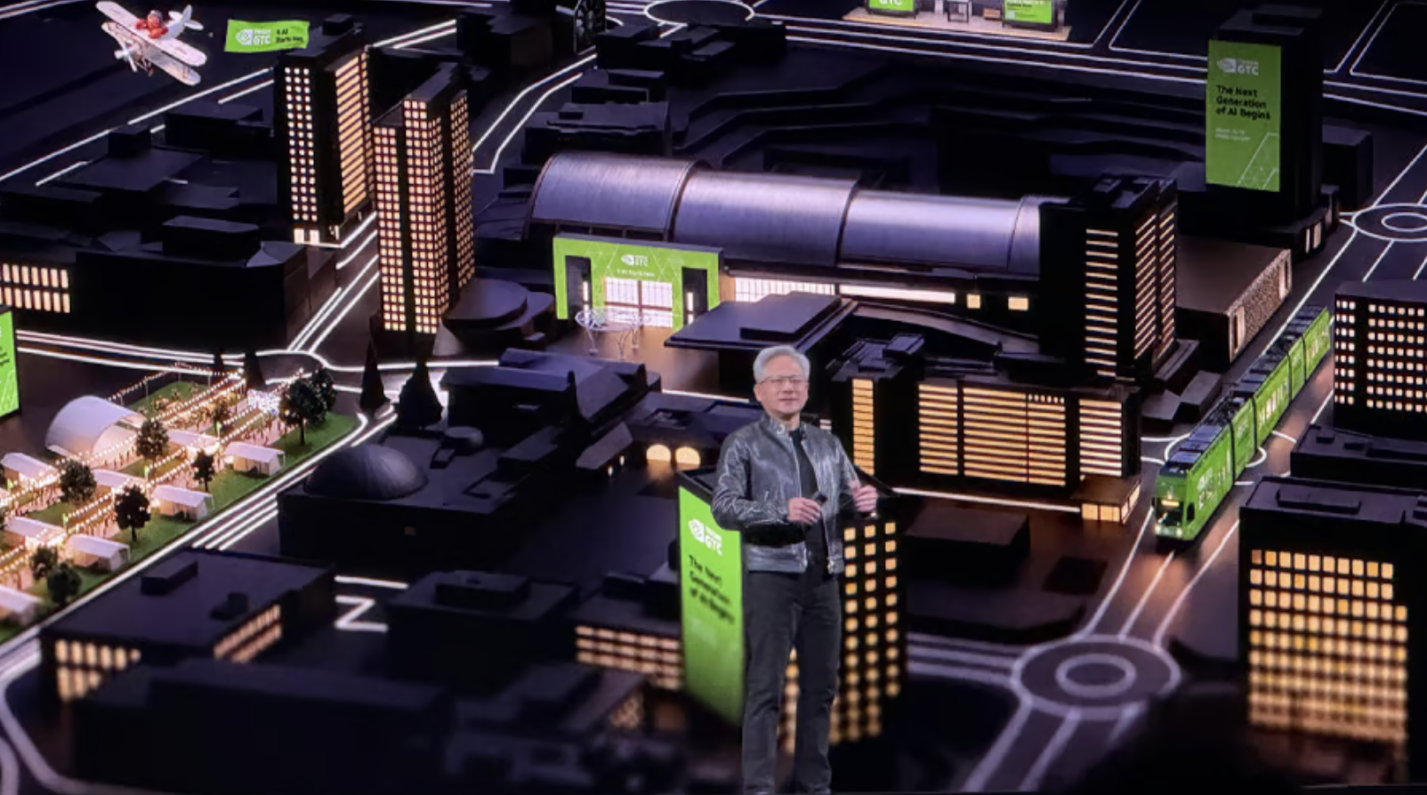 Ông Jensen Huang trình bày tại sân khấu sự kiện GTC 2026 