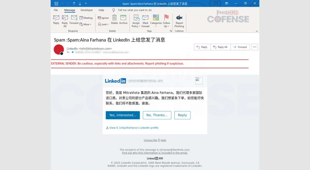 Email giả danh giả danh nhà tuyển dụng/đối tác trên Linkedln (bằng tiếng Trung) 