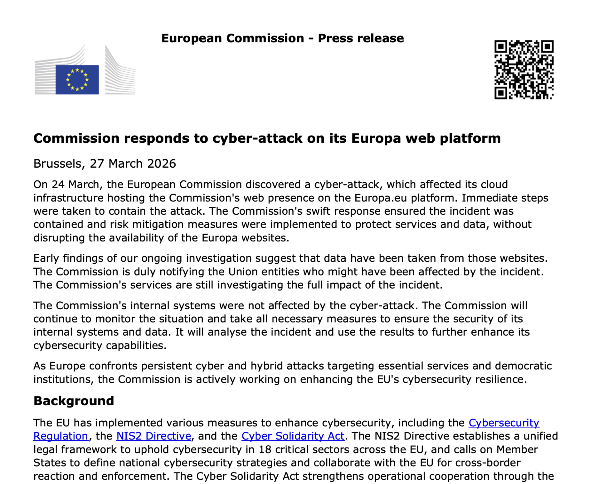 Ủy ban châu Âu thông tin về việc ngăn chặn thành công cuộc tấn công mạng vào nền tảng Europa.