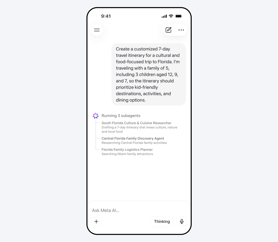 Cơ chế đặc vụ con (subagents) vận hành song song giúp Meta AI giải quyết các yêu cầu phức tạp như lập kế hoạch du lịch chỉ trong một lần hỏi.