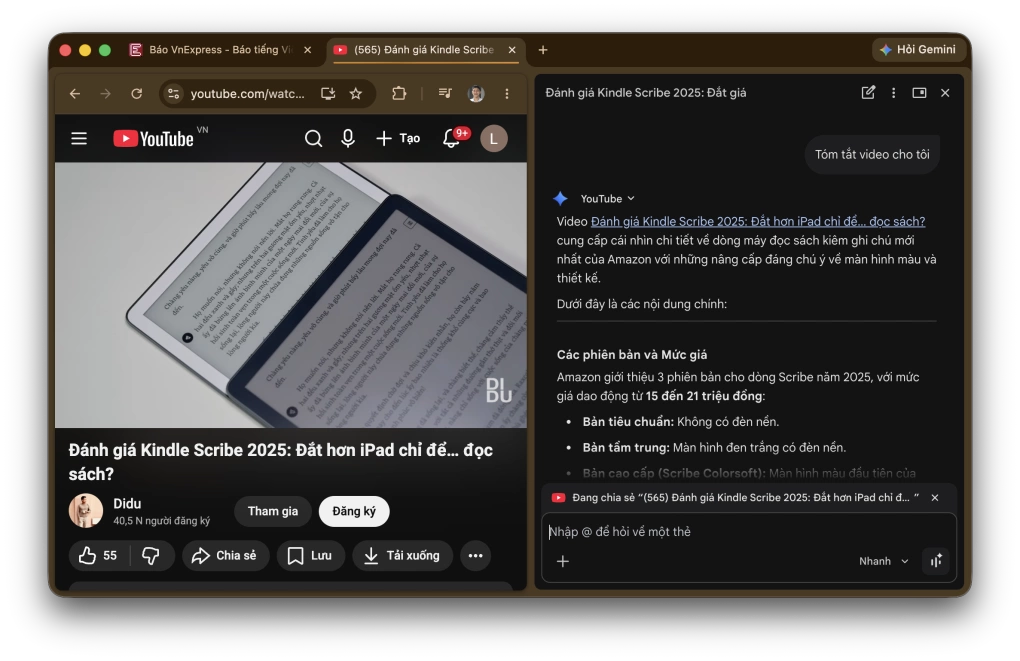 Thử nghiệm dùng Gemini trên Chrome tóm tắt một video YouTube (nguồn: Internet)
