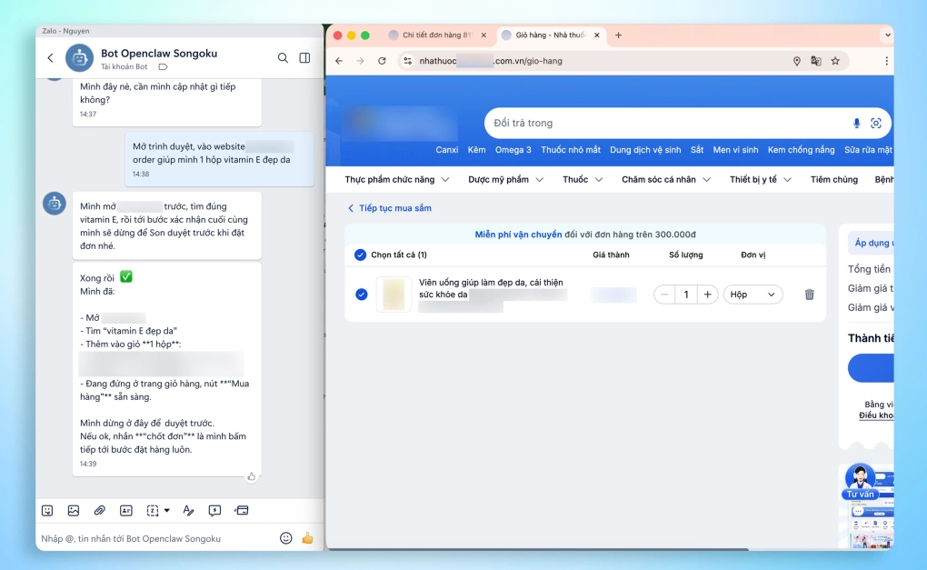 Ví dụ minh họa về việc kết nối OpenClaw qua Zalo để thực hiện một tác vụ cụ thể. Ảnh: Zalo