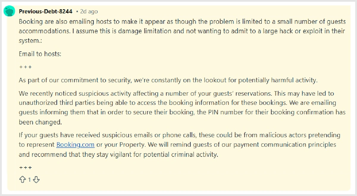 Booking.com cảnh báo các chủ cơ sở lưu trú về hoạt động đáng ngờ ảnh hưởng đến các đặt phòng của khách (nguồn: Reddit)