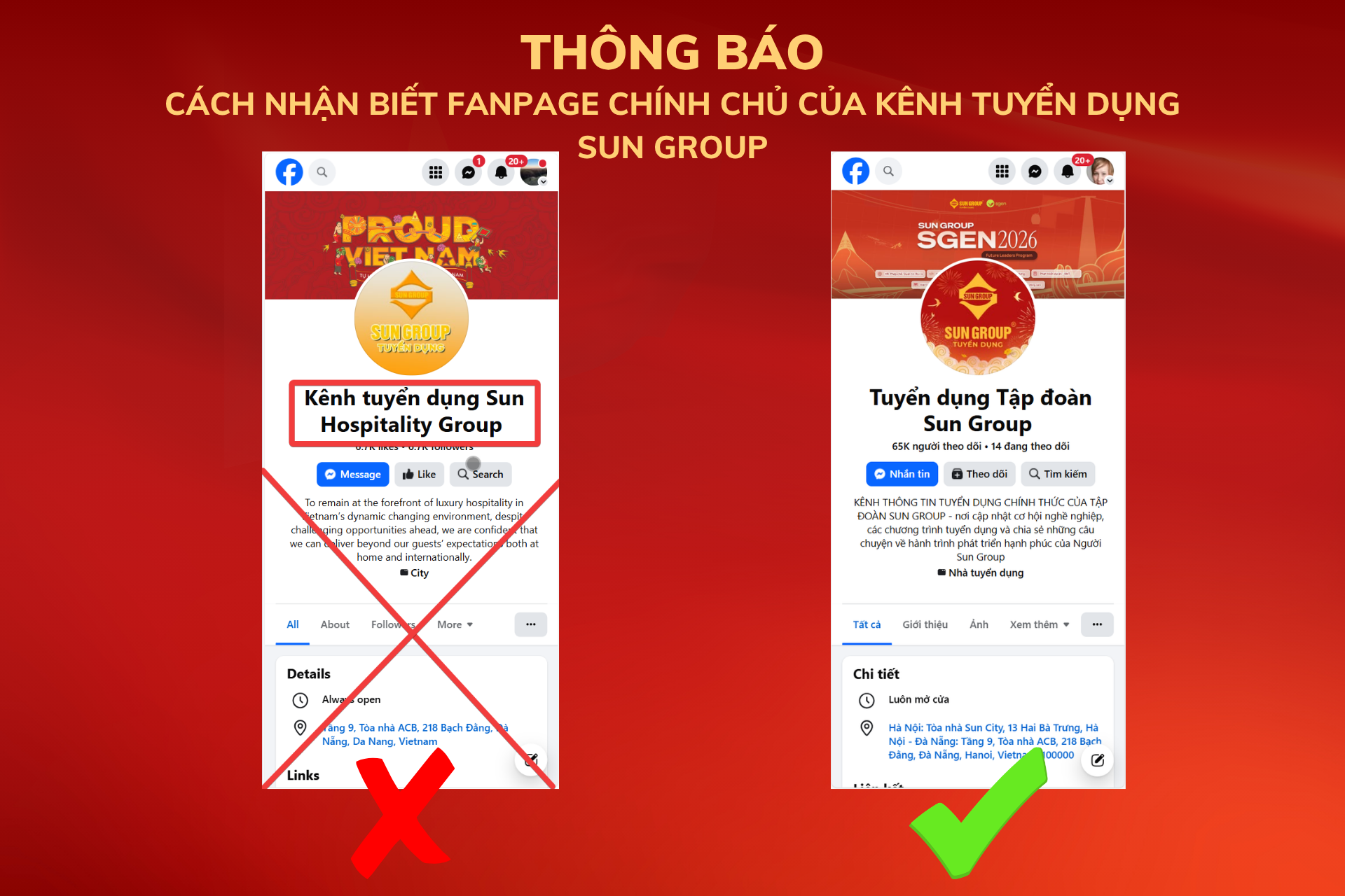 Kênh Fanpage giả mạo thương hiệu tuyển dụng Sun Hospitality Group. 