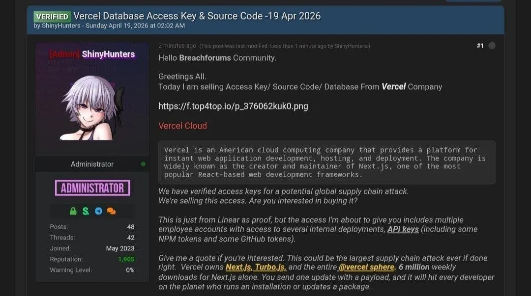 Thông báo rao bán dữ liệu đánh cắp từ Vercel của nhóm tin tặc tự xưng ShinyHunters.