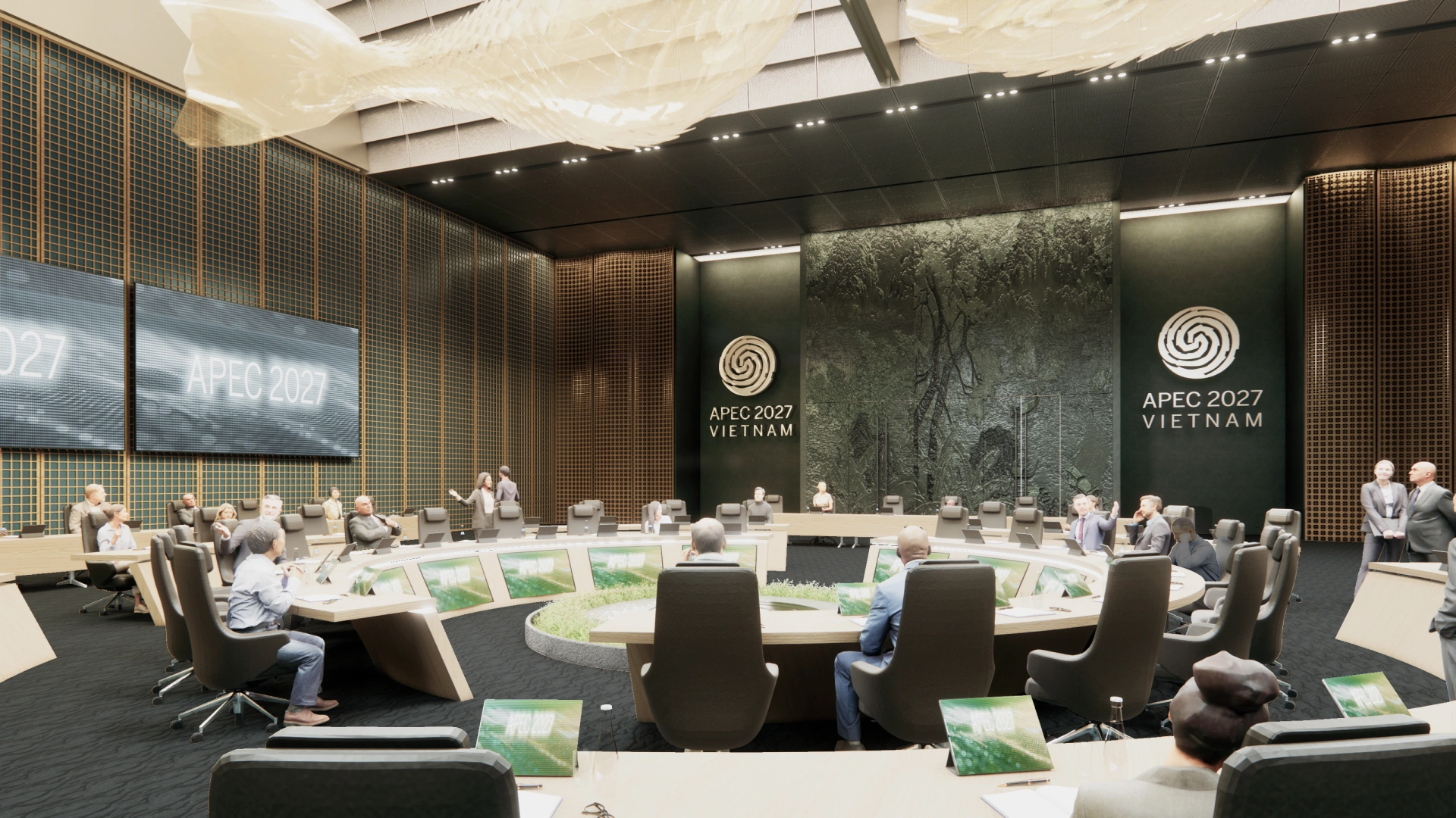 Thiết kế bên trong trung tâm Hội nghị APEC Phú Quốc. Sun Group hợp tác với những tên tuổi lớn trên thế giới để nâng tầm chất lượng cho các công trình trọng điểm phục vụ APEC 2027. 
