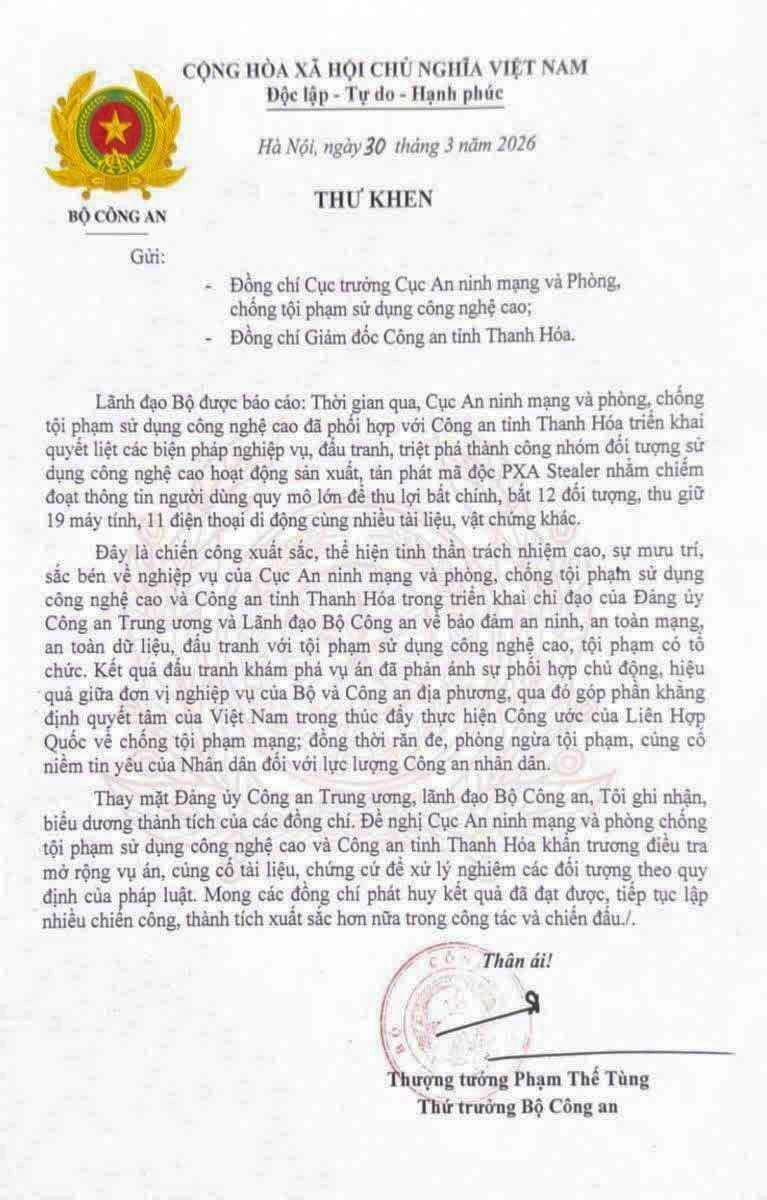 Thư khen của Thượng tướng, Thứ trưởng Bộ Công an Phạm Thế Tùng gửi Cục A05 và Công an tỉnh Thanh Hoá