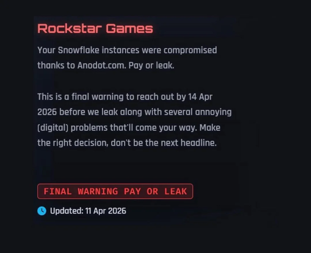 Tối hậu thư tống tiền của ShinyHunters gửi tới Rockstar Games vào 11/4/2026. 
