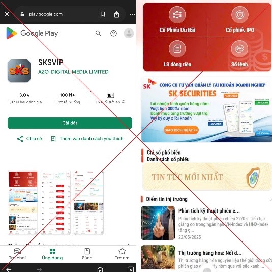 Giao diện ứng dụng lừa đảo SKSVIP giống ứng dụng giao dịch chứng khoán thật