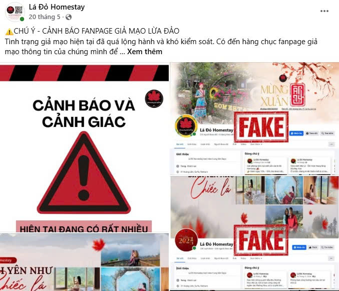Fanpage Lá Đỏ Homestay liên tục phát ra cảnh báo lừa đảo khi có tới hơn 20 fanpage giả mạo 