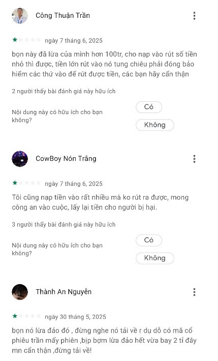 Ứng dụng SKSVIP nhận rất nhiều đánh giá lừa đảo trên kho ứng dụng CHPlay