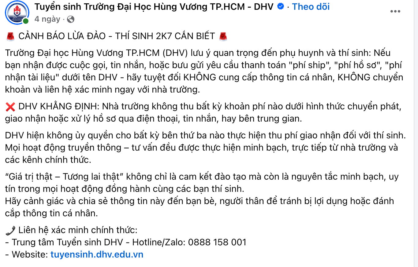Trường Đại học Hùng Vương TP. Hồ Chí Minh phát cảnh báo lừa đảo để thí sinh 2007 lưu ý. Ảnh chụp màn hình