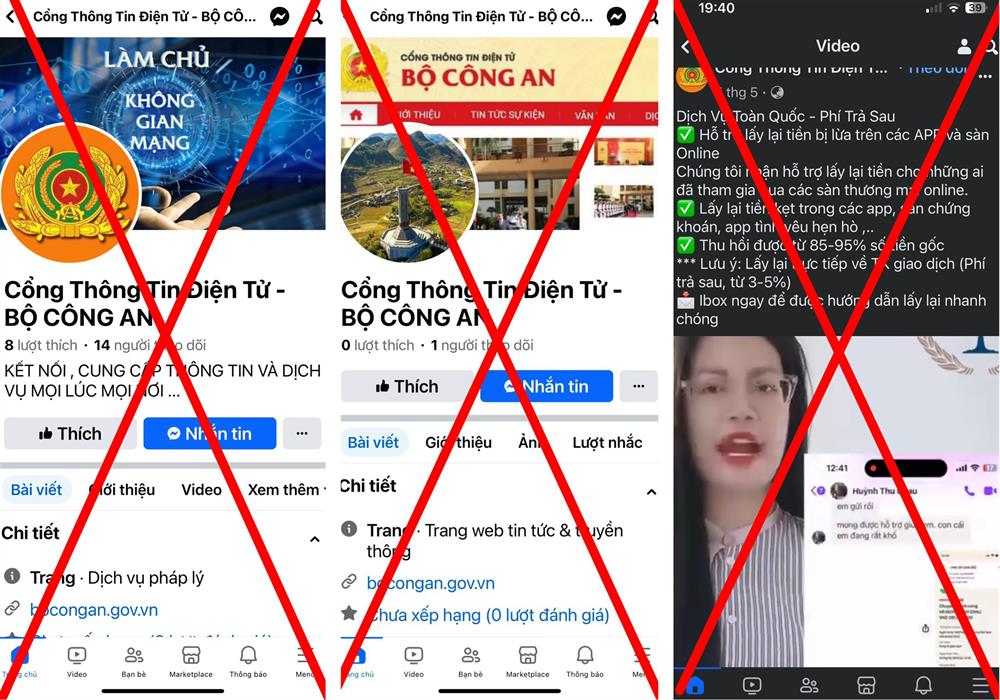 Một số Trang Thông tin mạo danh Cổng Thông tin điện tử Bộ Công an trên Facebook. Ảnh: bocongan.gov.vn