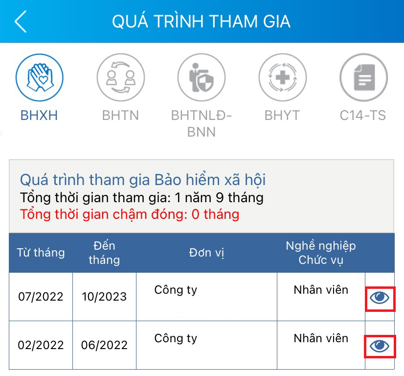 Có thể bấm vào biểu tượng mắt để xem được tiền lương đóng BHXH của bạn là bao nhiêu.