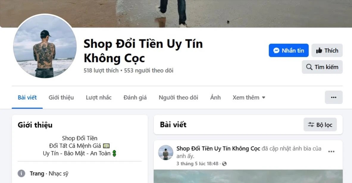 chạy quảng cáo trên trang facebook “Shop Đổi Tiền Uy Tín Không Cọc” để thu hút “con mồi”