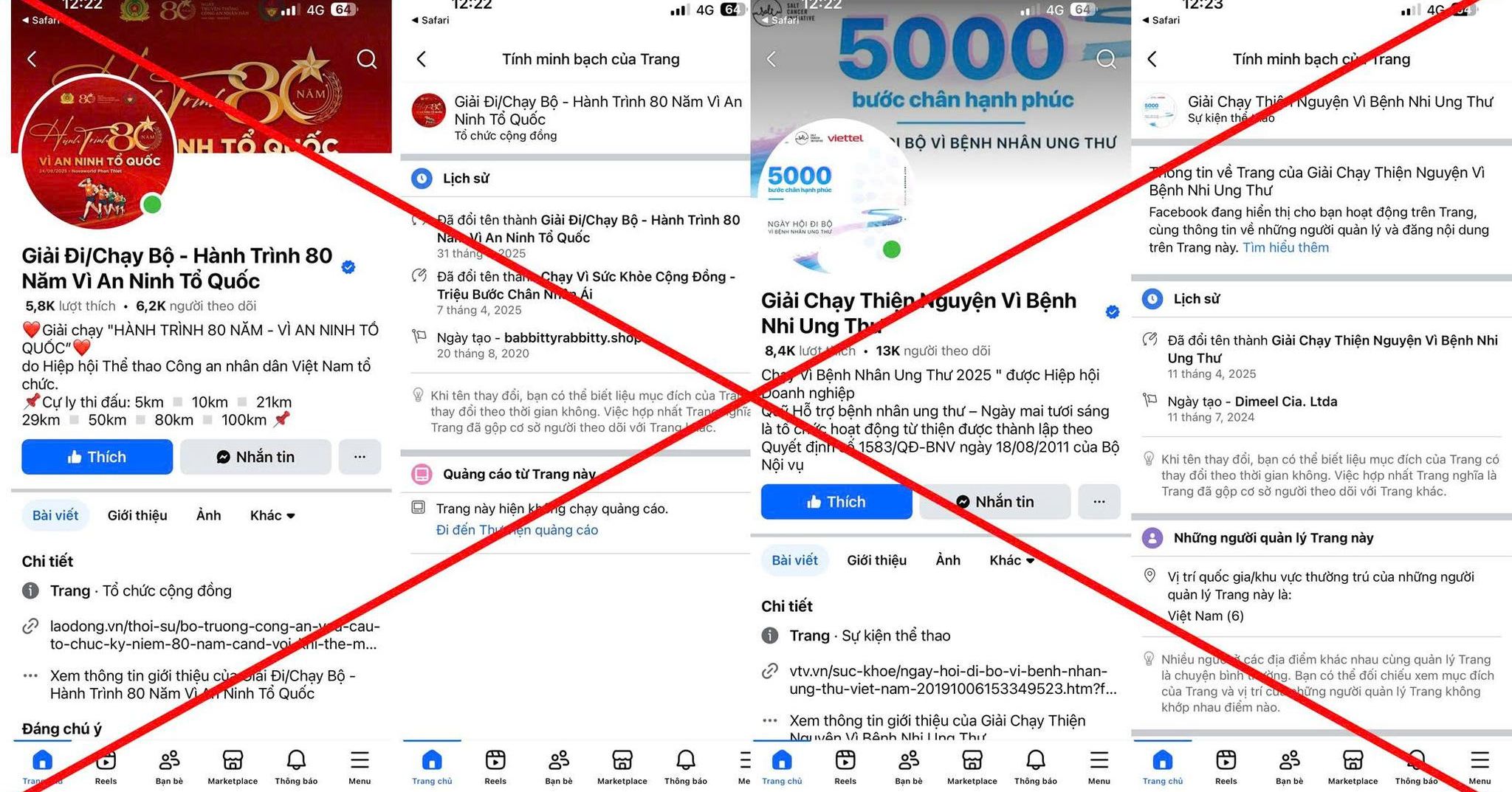 Các trang fanpage giả, nhiều trang thậm chí có tích xanh, lượt người theo dõi lớn. (Nguồn: Cục An ninh mạng và Phòng, chống tội phạm sử dụng công nghệ cao, Bộ Công an)