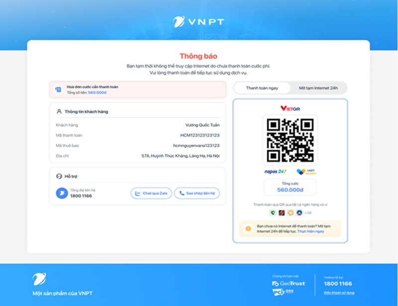 Khách hàng an tâm thanh toán cước qua website tin cậy từ VNPT