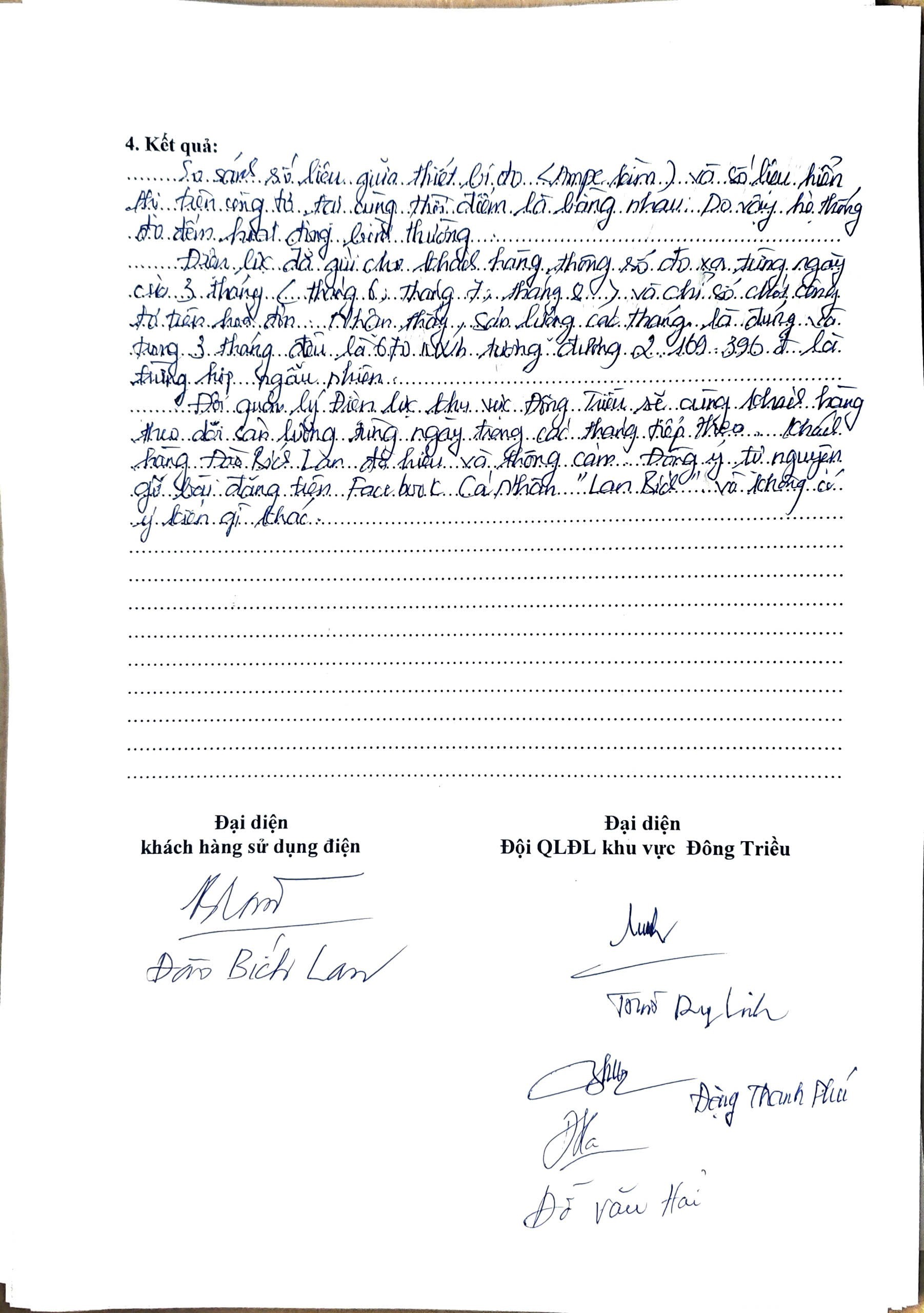 Biên bản làm việc giữa khách hàng và Đội quản lý Điện lực khu vực Đông Triều (PC Quảng Ninh)