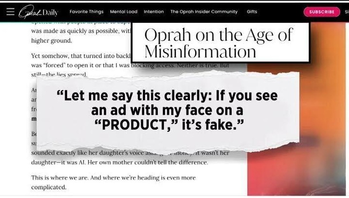 Oprah Winfrey đã cảnh báo những người theo dõi mình về các video có hình ảnh bà gắn với nội dung quảng cáo