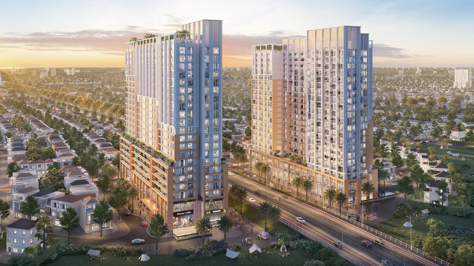 Hai tòa tháp Spana Tower mang thiết kế hiện đại, kiến tạo biểu tượng sống mới phía Đông Nam Đà Nẵng. (Ảnh: Sun Property)