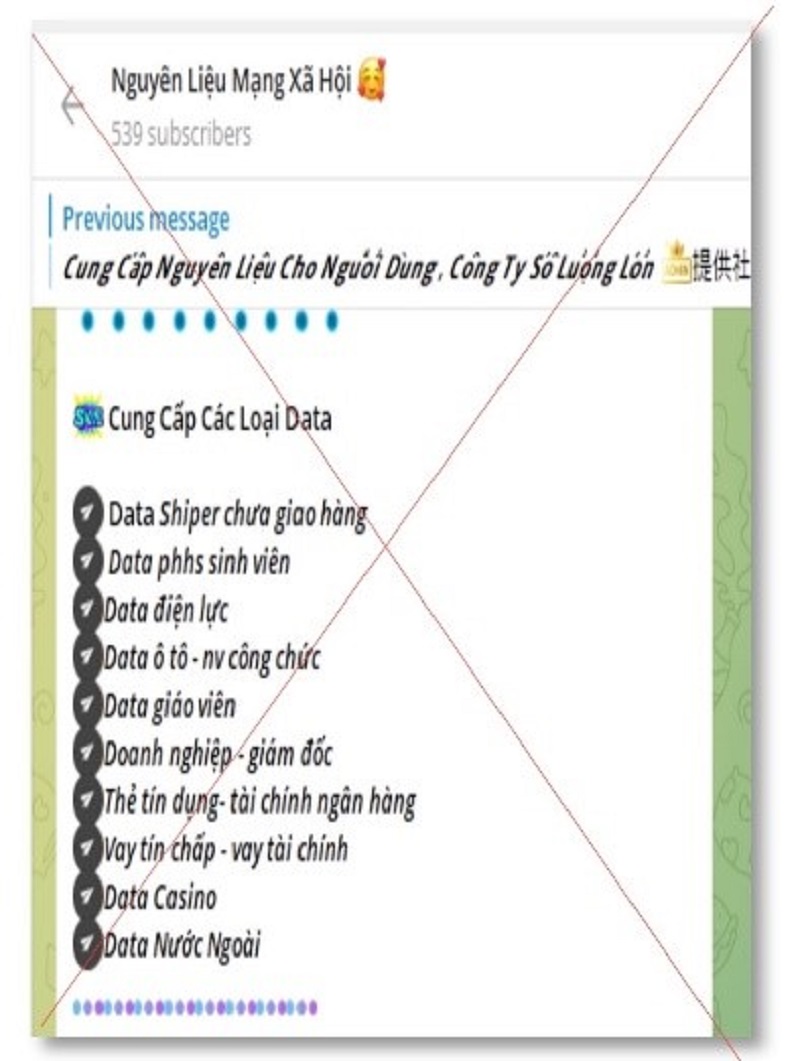 Nhóm kín trên Telegram mang tên “Nguyên Liệu Mạng Xã Hội” quảng cáo cung cấp dữ liệu cá nhân để rao bán
