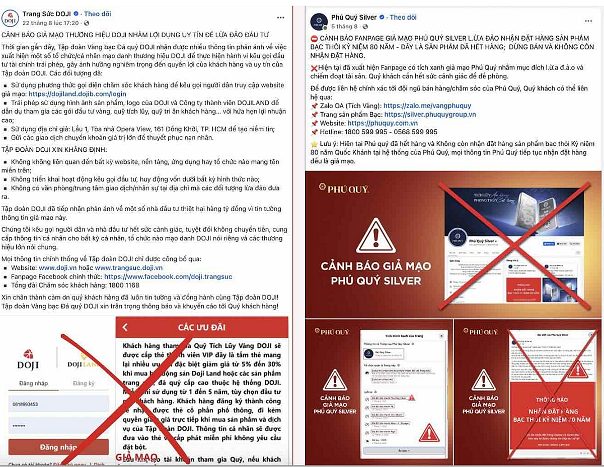 Các thương hiệu kinh doanh vàng bạc đá quý cảnh báo khách hàng trước những chiêu trò lừa đảo trên không gian mạng. Ảnh Vnbusiness