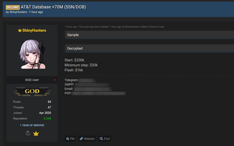Ảnh chụp màn hình đoạn thông tin ShinyHunters rao bán dữ liệu của AT&T
