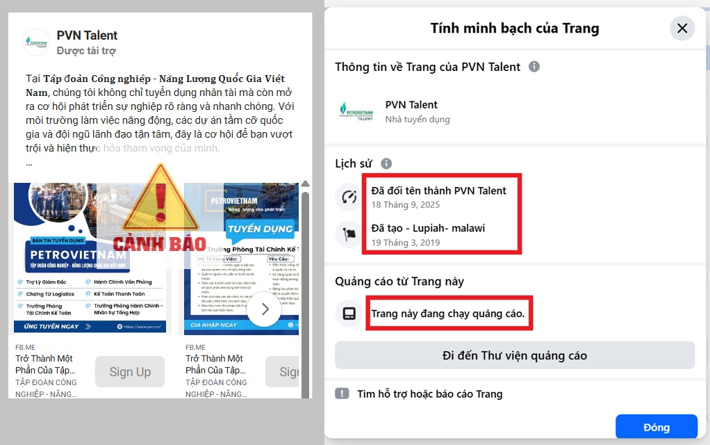 Fanpage giả mạo có tên “PVN Talent” chạy quảng cáo thông tin tuyển dụng. Ảnh Petrotimes