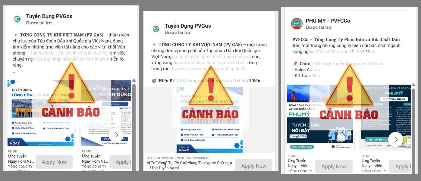 Thông tin tuyển dụng chạy quảng cáo từ các fanpage giả mạo thương hiệu PV GAS, PVFCCo. Ảnh Petrotimimes