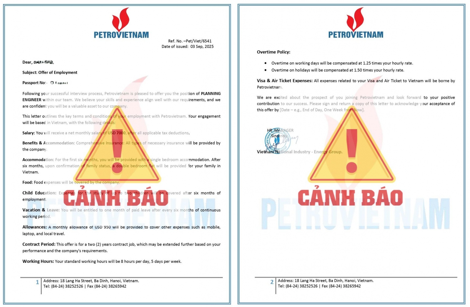 “Thư mời làm việc” giả mạo Petrovietnam gửi đến cho các ứng viên người nước ngoài. Ảnh Petrotimes