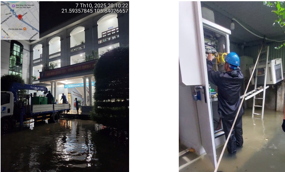 Các nhân viên kỹ thuật VNPT Thái Nguyên vẫn triển khai ngay công tác ứng cứu mạng lưới ngay trong mưa lũ