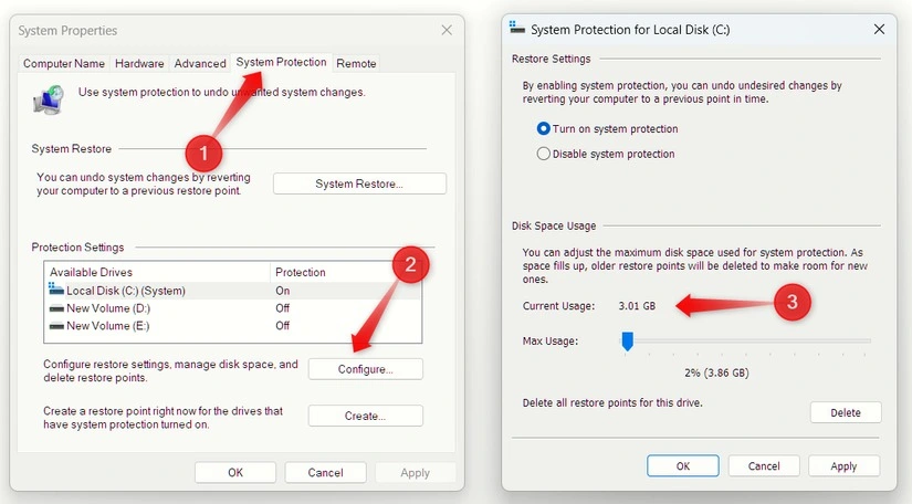 Kiểm tra dung lượng mà System Restore đang chiếm dụng