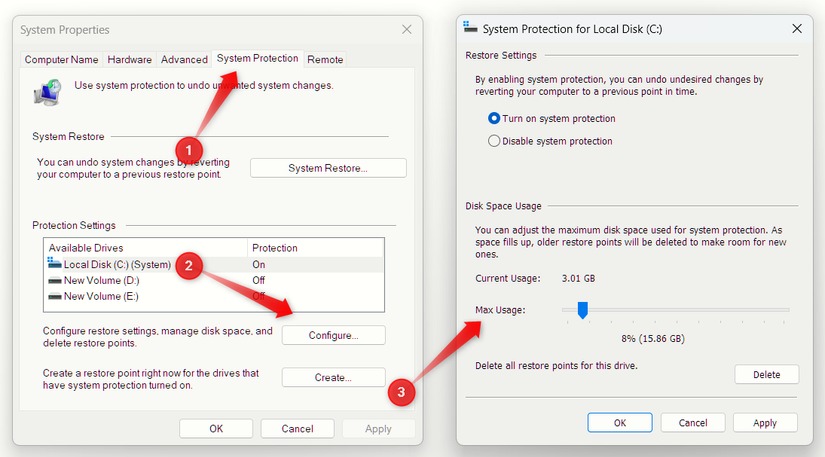 Tùy chỉnh mức không gian lưu trữ cố định cho System Restore