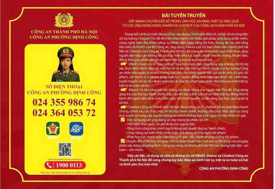 Công an phường Định Công triển khai bảng tuyên truyền đến từng Tổ dân phố, Khu dân cư, cơ quan, doanh nghiệp… trên địa bàn phường.