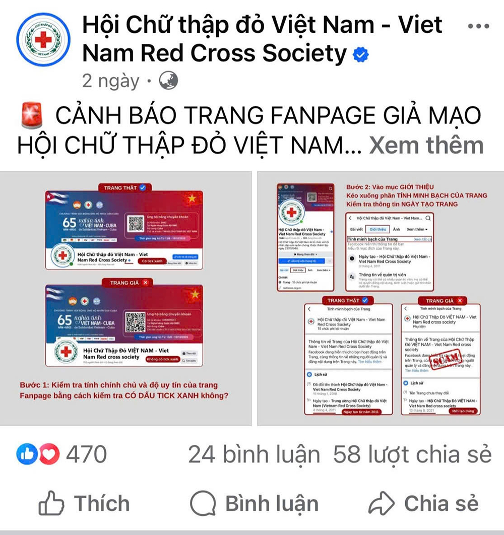 Hội Chữ thập đỏ Việt Nam phát đi cảnh báo về việc một số đối tượng xấu lập trang Facebook giả mạo, lừa đảo trục lợi lòng tốt của đồng bào.