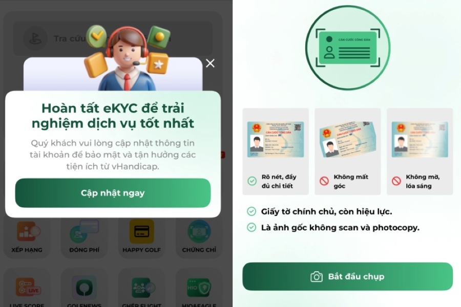 Yêu cầu xác thực danh tính bằng cách chụp ảnh căn cước công dân trên ứng dụng vHandicap