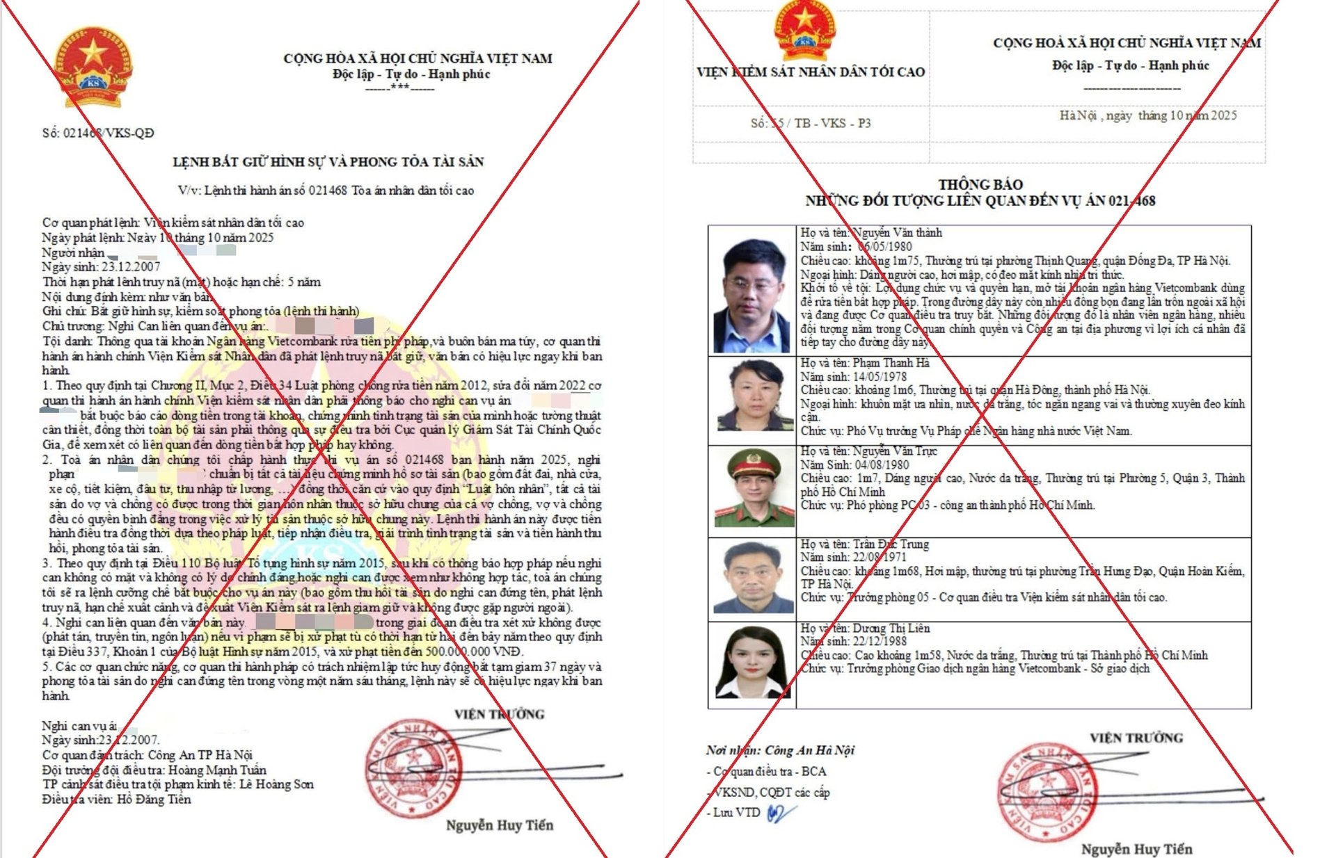 Thông báo, Lệnh bắt giữ và phong tỏa tài sản mà các đối tượng làm giả.