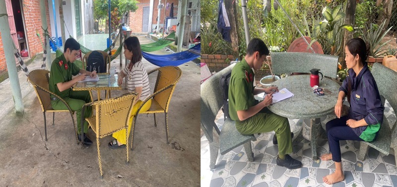 Công an xã làm việc với một số cửa hàng có biển quảng cáo vi phạm. Ảnh Công an tỉnh Lâm Đồng