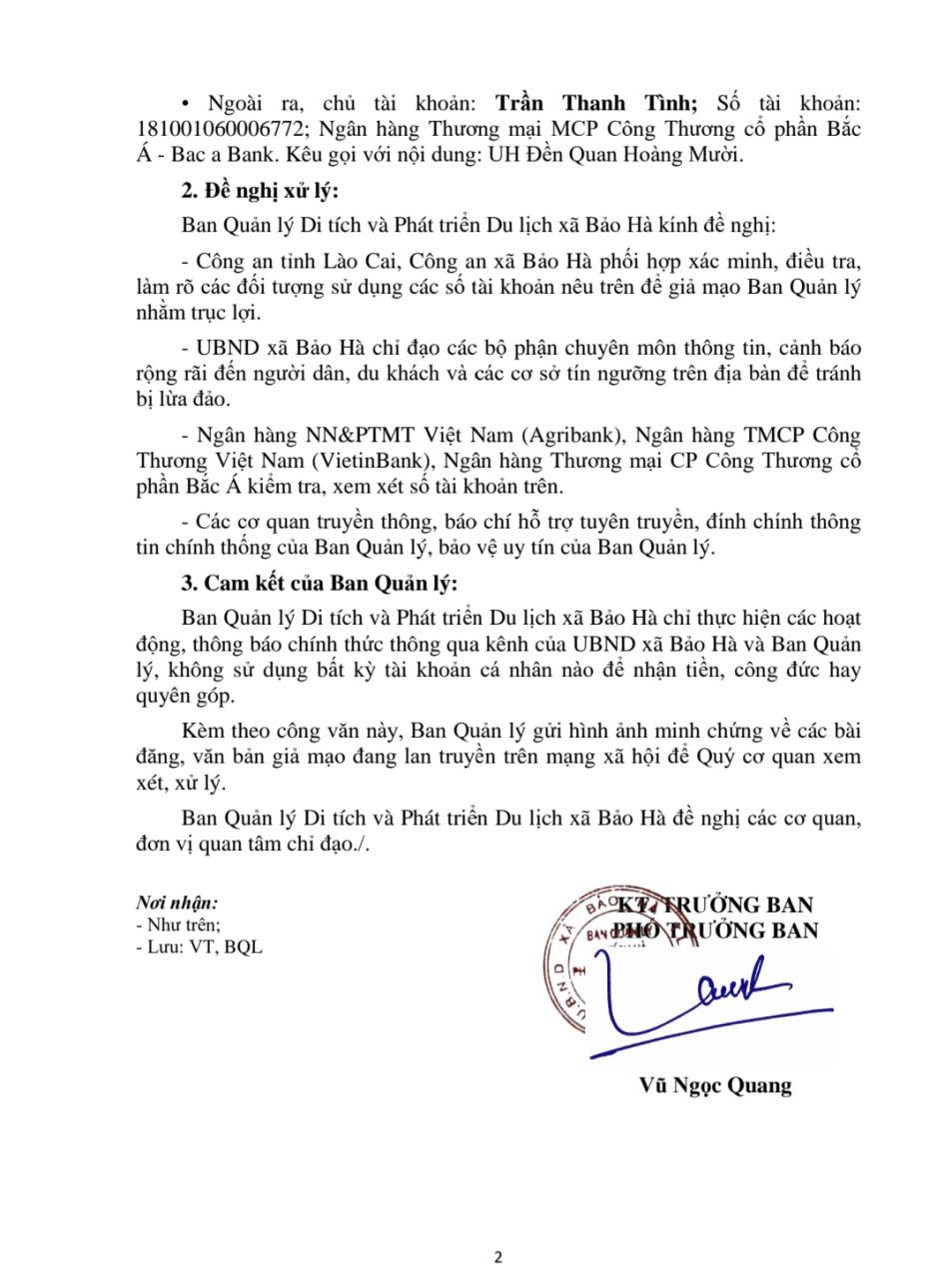 Văn bản cảnh báo lừa đảo của Ban Quản lý DT&PTDL xã Bảo Hà