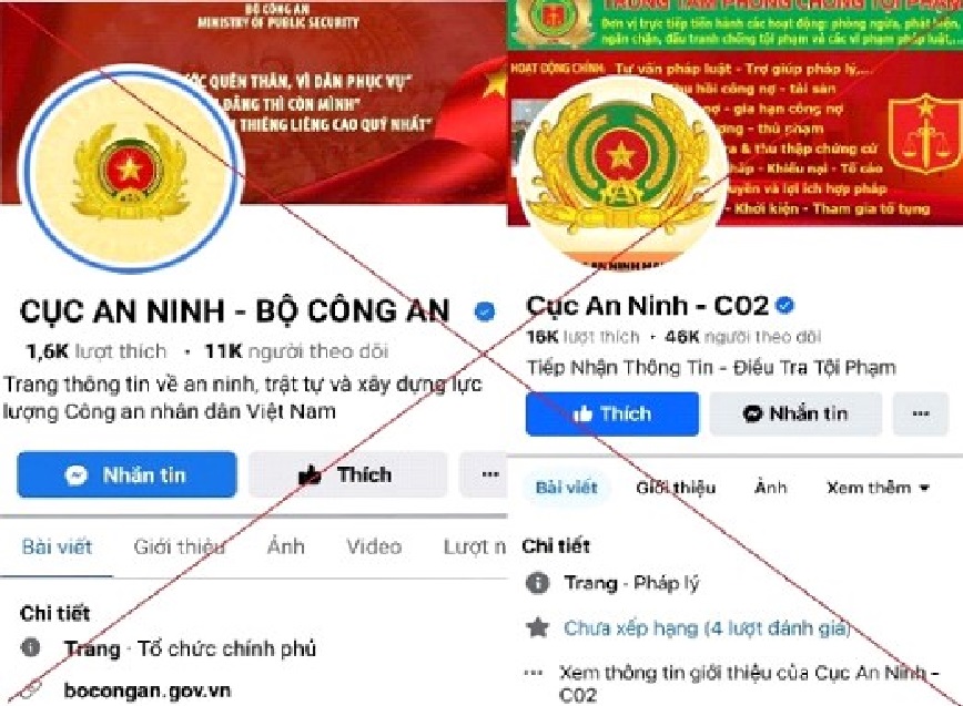 Các fanpage giả mạo cơ quan Công an. Ảnh Công an thành phố Đà Nẵng