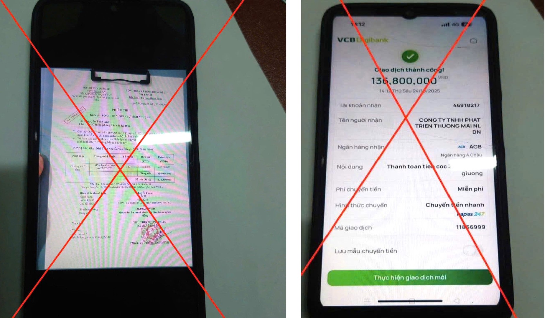 Đối tượng làm giả mạo biên lai chuyển tiền thành công và phiếu chi để lừa đảo. Ảnh Bộ Công an