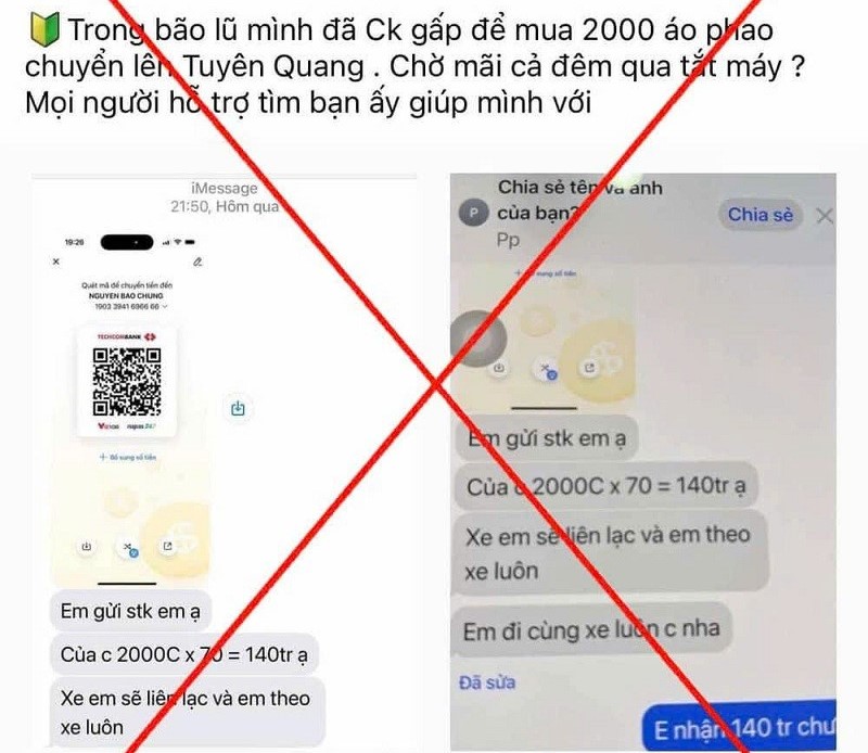 Các đối tượng lợi dụng việc kêu gọi quyên góp, ủng hộ người dân vùng bão, lũ để đưa ra các thông tin sai sự thật nhằm trục lợi.