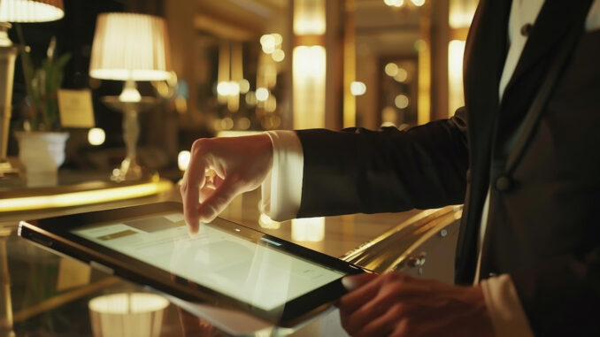 Nhân viên khách sạn sử dụng ứng dụng kỹ thuật số. Ảnh Hotel Technology News